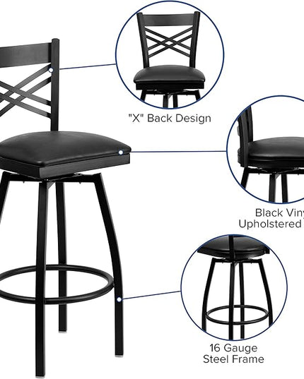 Flash Furniture 2 Pack Hercules Series Black ''X'' Back Metal Restaurant Chair - Black Vinyl Seat & Hercules Series Black ''X'' Back Swivel Metal Barstool - Black Vinyl Seat - LeafyLoom