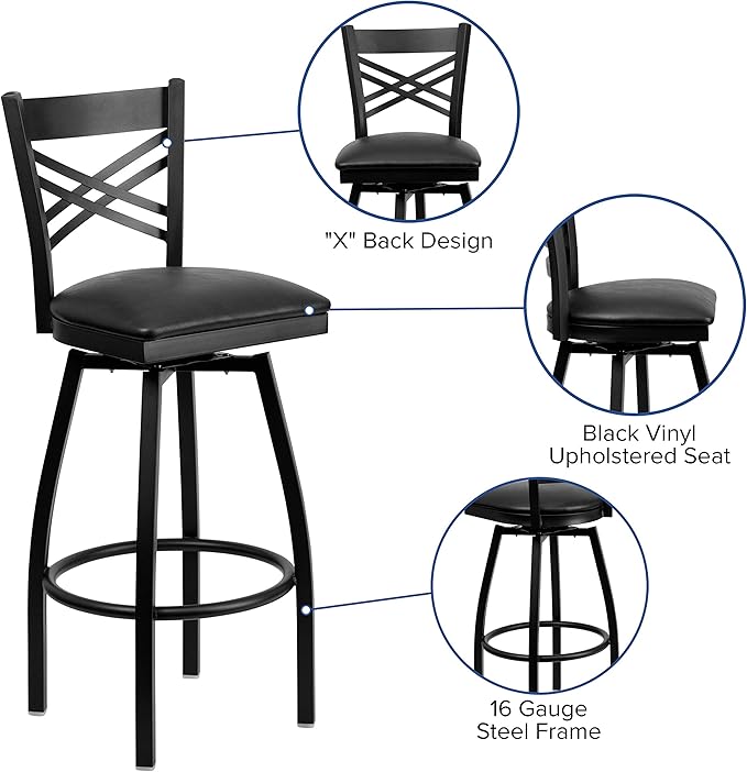 Flash Furniture 2 Pack Hercules Series Black ''X'' Back Metal Restaurant Chair - Black Vinyl Seat & Hercules Series Black ''X'' Back Swivel Metal Barstool - Black Vinyl Seat - LeafyLoom