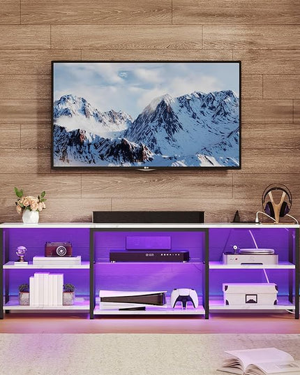 HOOBRO LED TV Stand for 75 Inch TVs with Charging Station, Gaming Entertainment Center with 3-Tier Open Storage, Long 63” Media TV Console Table, TV Stand for Living Room, Marble White BM21UDDS01 - LeafyLoom