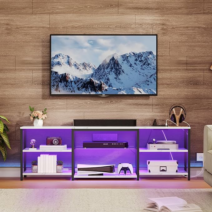 HOOBRO LED TV Stand for 75 Inch TVs with Charging Station, Gaming Entertainment Center with 3-Tier Open Storage, Long 63” Media TV Console Table, TV Stand for Living Room, Marble White BM21UDDS01 - LeafyLoom