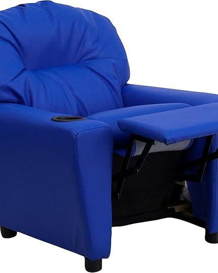 Flash Furniture Chandler Vinyl Kids Recliner with Cup Holder and Safety Recline, Contemporary Reclining Chair for Kids, Supports up to 90 lbs., Blue - LeafyLoom