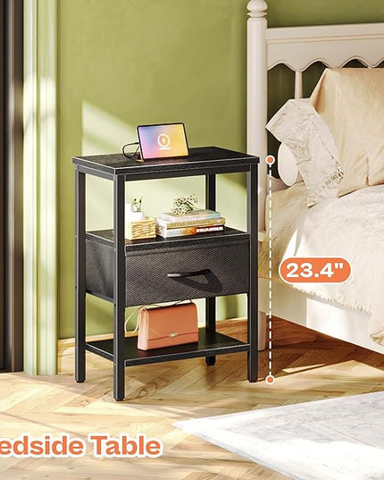 SUPERJARE Nightstand Set of 2, Bed Side Tables with Charging Station, Adjustable Fabric Drawer, Night Stand for Bedroom, 3-Tier Storage End Tables, Black - LeafyLoom