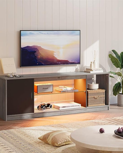 Bestier LED TV Stand for 55/60/65 Inch TV, Gaming Entertainment Center with Cabinet for PS5, Modern TV Cabinet with Adjustable Glass Shelves for Living Room, Bedroom 58 Inch, Grey Wash - LeafyLoom