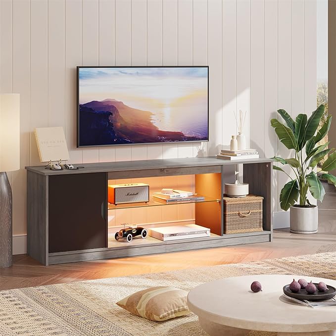 Bestier LED TV Stand for 55/60/65 Inch TV, Gaming Entertainment Center with Cabinet for PS5, Modern TV Cabinet with Adjustable Glass Shelves for Living Room, Bedroom 58 Inch, Grey Wash - LeafyLoom