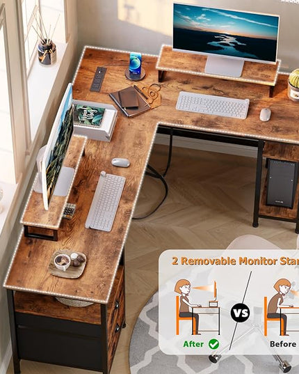 Furologee 66” L Shaped Desk with Power Outlet, Reversible Computer Desk with File Drawer & 2 Monitor Stands, Home Office Desk with Storage Shelves, Corner Desk for Gaming Writing, Rustic Brown - LeafyLoom