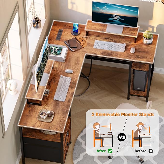 Furologee 66” L Shaped Desk with Power Outlet, Reversible Computer Desk with File Drawer & 2 Monitor Stands, Home Office Desk with Storage Shelves, Corner Desk for Gaming Writing, Rustic Brown - LeafyLoom