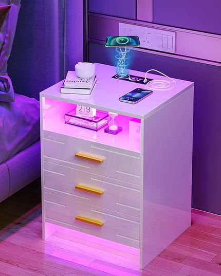 HNEBC RGB LED Nightstand with Wireless Charging Station, Smart Night Stand with Motion Sensor Lights, High Gloss White Nightstand with 3 Drawers for Bedroom, Modern Bedside Tables (A White) - LeafyLoom