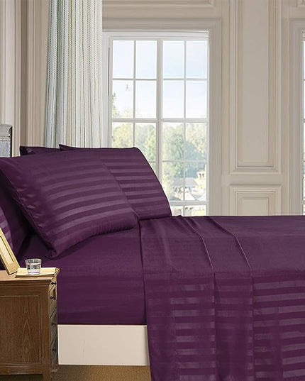 Elegant Comfort Softest and Coziest 4-Piece Sheet Set - 1500 Premium Hotel Quality Microfiber - Luxurious Wrinkle Resistant 4-Piece Damask Stripe Bed Sheet Set, Twin, Eggplant/Purple - LeafyLoom