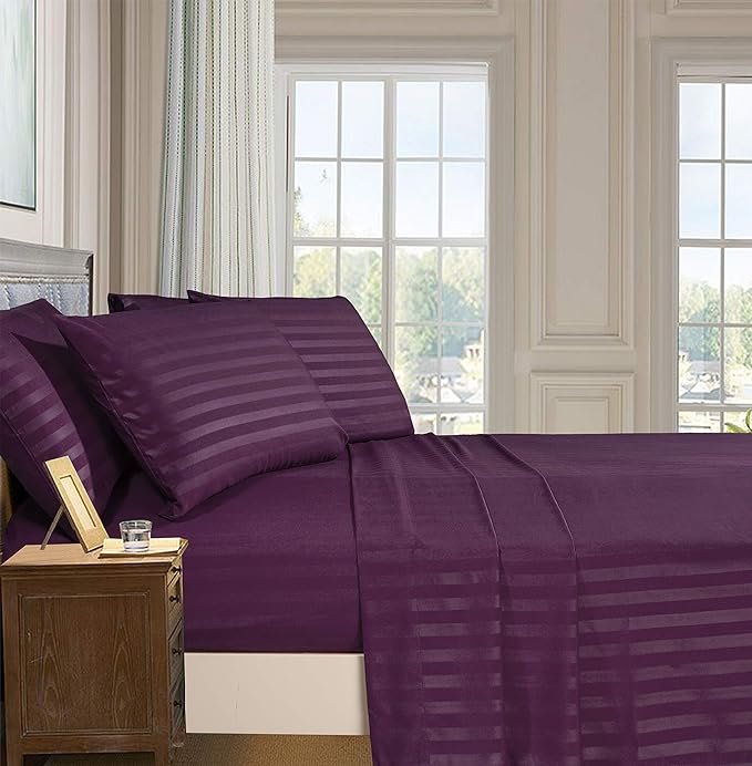 Elegant Comfort Softest and Coziest 4-Piece Sheet Set - 1500 Premium Hotel Quality Microfiber - Luxurious Wrinkle Resistant 4-Piece Damask Stripe Bed Sheet Set, Twin, Eggplant/Purple - LeafyLoom