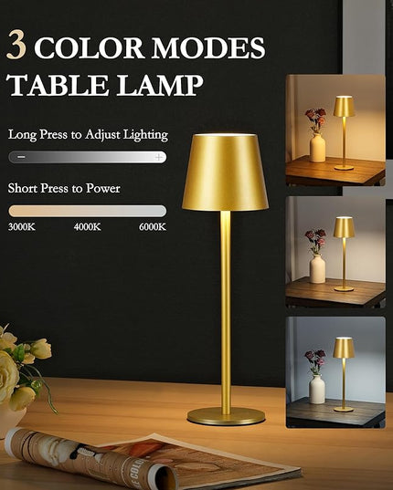 2Pack Gold Cordless Table Lamp, 5200mAh IP54 Waterproof Rechargeable Battery Desk Lamp, 3 Color Stepless Dimming Up，Battery Operated Lamp for Kitchen/Outdoor/Restaurant/Camping (Gold) - LeafyLoom