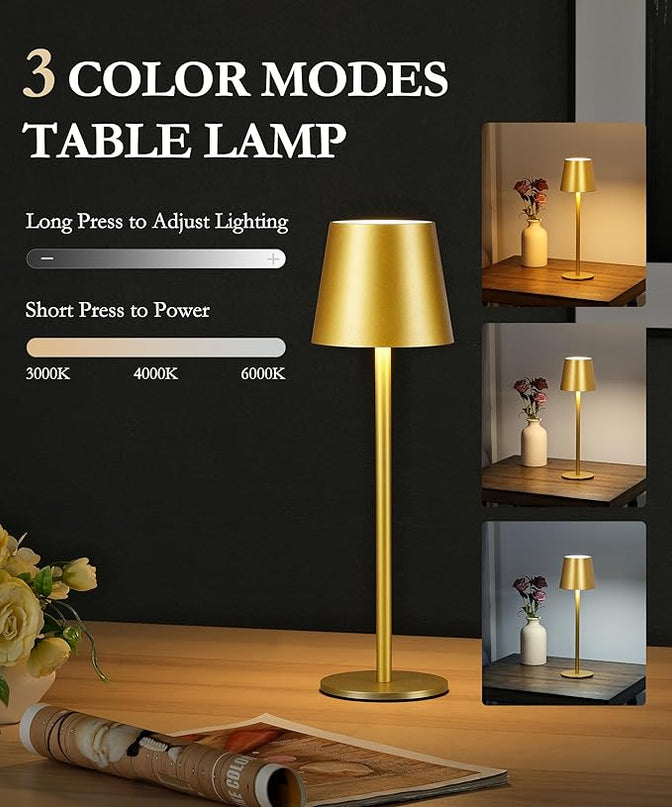 2Pack Gold Cordless Table Lamp, 5200mAh IP54 Waterproof Rechargeable Battery Desk Lamp, 3 Color Stepless Dimming Up，Battery Operated Lamp for Kitchen/Outdoor/Restaurant/Camping (Gold) - LeafyLoom