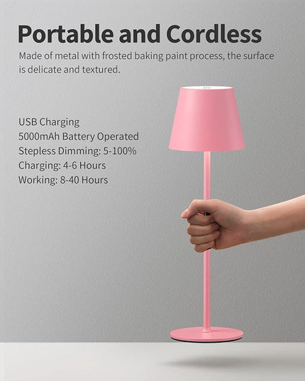 Cordless Rechargeable Table Lamp Set of 2, 5000mAh Battery Powered LED Desk Lamps, 3 Color Stepless Dimming Up, Portable Table Light Lamp for Bedroom Restaurant Outdoor (Pink) - LeafyLoom