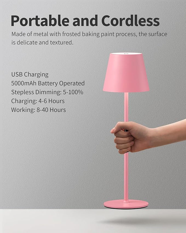 Cordless Rechargeable Table Lamp Set of 2, 5000mAh Battery Powered LED Desk Lamps, 3 Color Stepless Dimming Up, Portable Table Light Lamp for Bedroom Restaurant Outdoor (Pink) - LeafyLoom
