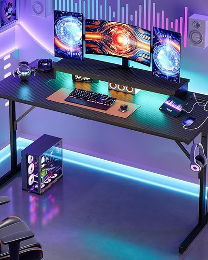Bestier 52 inch Gaming Desk with Power Outlets and USB Charging Ports, Sturdy Computer Desk with LED Lights and Monitor Stand, Computer Table for Home Office, Easy to Assemble, Carbon Fiber Black - LeafyLoom