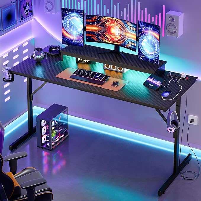 Bestier 52 inch Gaming Desk with Power Outlets and USB Charging Ports, Sturdy Computer Desk with LED Lights and Monitor Stand, Computer Table for Home Office, Easy to Assemble, Carbon Fiber Black - LeafyLoom