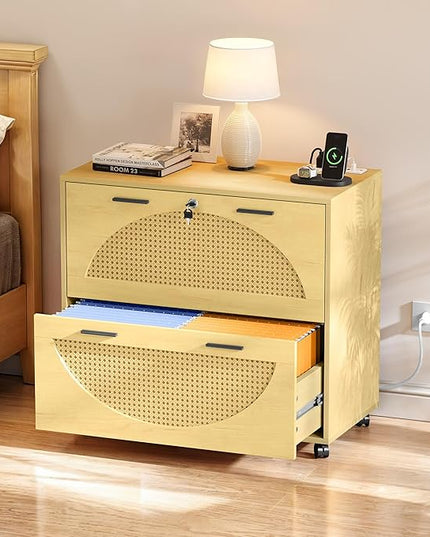 YITAHOME 2 Drawer File Cabinet with Charging Station, Rattan Filing Cabinet with Lock, Wood File Cabinet with Wheels, Home Office Furniture Fits A4, Letter, Legal Size Files - LeafyLoom