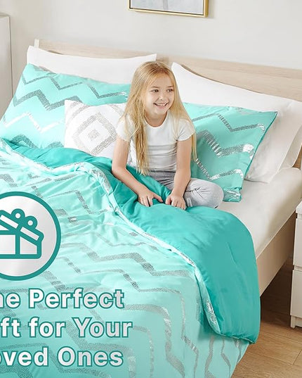 Codi Metallic Teal and Silver Comforter Set, Twin/Twin-XL Size, Cute Aqua Turquoise Bedding Sets, 3 Piece (1 Matching Sham + 1 Decorative Pillow) - LeafyLoom
