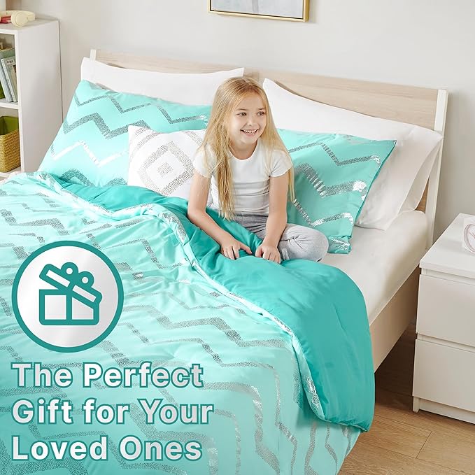 Codi Metallic Teal and Silver Comforter Set, Full/Queen Size, Cute Aqua Turquoise Bedding Sets, 4 Piece (2 Matching Sham + 1 Decorative Pillow) - LeafyLoom