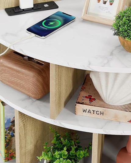 Vecelo Corner Cabinet with Charging Station, 3-Tier Cube Storage Organizer with USB Ports and Outlets, Triangle Bookcases Corner Shelf with 8 Cubbies for Playroom, Bedroom, Living Room, Marble White - LeafyLoom