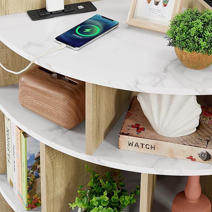 Vecelo Corner Cabinet with Charging Station, 3-Tier Cube Storage Organizer with USB Ports and Outlets, Triangle Bookcases Corner Shelf with 8 Cubbies for Playroom, Bedroom, Living Room, Marble White - LeafyLoom