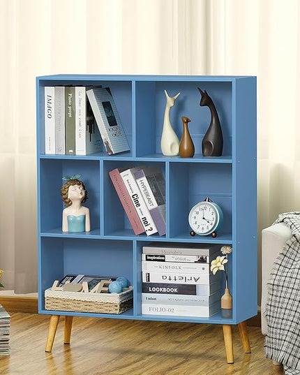 YAHARBO 7 Cube Bookshelf, Blue Kids Book Shelf with Cubby Storage,Wooden Modern Bookcase with Legs,3 Tier Freestanding Display Book Case,Children Toy Organizer,Bookshelves for Office,Nursery,Playroom - LeafyLoom