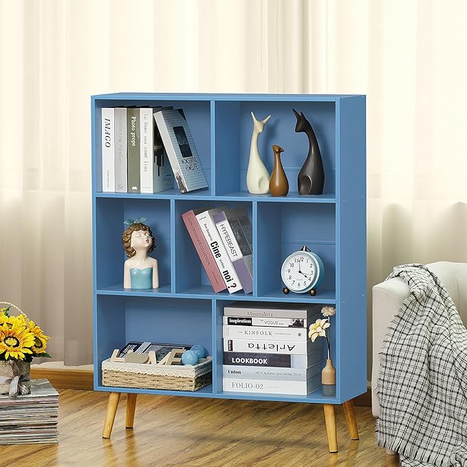 YAHARBO 7 Cube Bookshelf, Blue Kids Book Shelf with Cubby Storage,Wooden Modern Bookcase with Legs,3 Tier Freestanding Display Book Case,Children Toy Organizer,Bookshelves for Office,Nursery,Playroom - LeafyLoom
