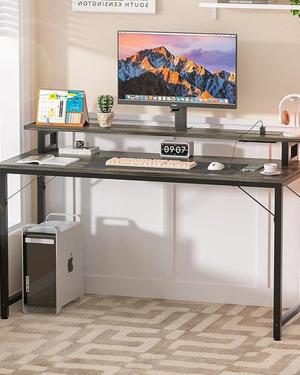 Computer Desk with USB Power Outlets and LED Lights, 47 inch Gaming desk with Monitor Stand for Small Space Home Office, Modern Simple Study Writing Table PC Desks, Black Oak - LeafyLoom