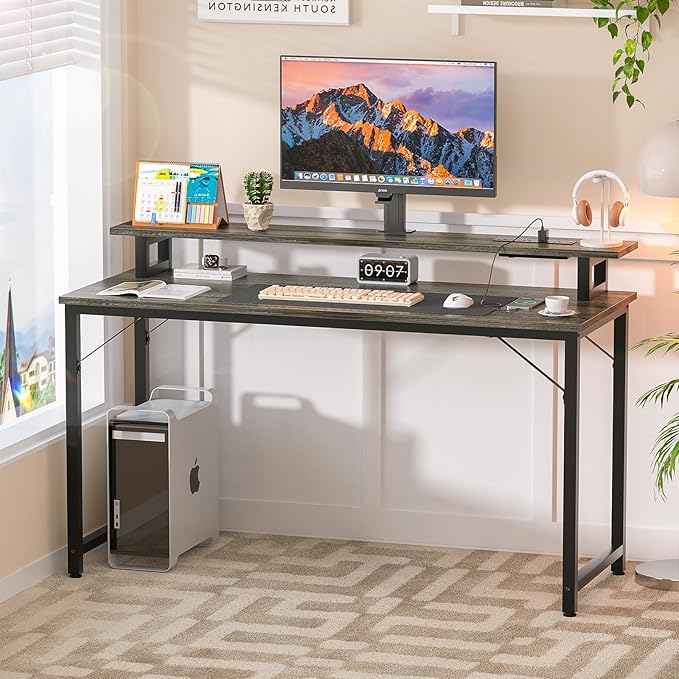 Computer Desk with USB Power Outlets and LED Lights, 47 inch Gaming desk with Monitor Stand for Small Space Home Office, Modern Simple Study Writing Table PC Desks, Black Oak - LeafyLoom