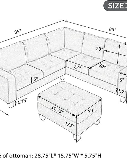 Sectional Sofa Couch w/Ottoman & Chaise, Upholstered L Shape Modular Sofa&Couch,Button Tufted Comfy for Living Room Furniture Sets, Home, LIGHT GREY CupHolders - LeafyLoom