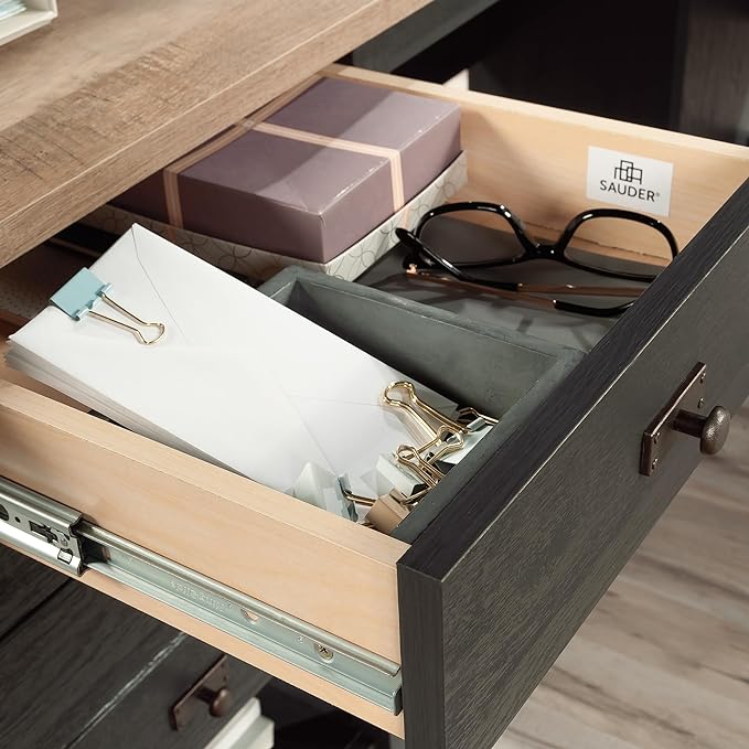 Sauder Cottage Road L-Desk, L: 65.12" x W: 58.66" x H: 29.76", Raven Oak Finish - LeafyLoom