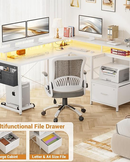 Unikito L Shaped Desk with File Drawer, Reversible L Shaped Computer Desk with Power Outlet & LED Lights, Home Office Desk Corner Desk with Monitor Shelf and Printer Cabinet, Gaming Desk, White - LeafyLoom