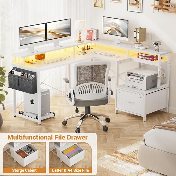 Unikito L Shaped Desk with File Drawer, Reversible L Shaped Computer Desk with Power Outlet & LED Lights, Home Office Desk Corner Desk with Monitor Shelf and Printer Cabinet, Gaming Desk, White - LeafyLoom