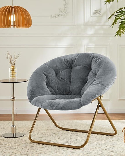 Sweetcrispy Comfy Saucer Chairs, Faux Fur Lounge Chair for Bedroom Living Room Flexible Folding Seat for Kids Teens Adults, Soft Padded and Metal Frame Modern for Home Office, X-Large, Dark Grey - LeafyLoom