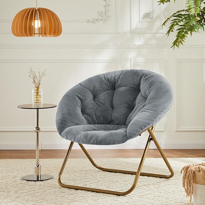 Sweetcrispy Comfy Saucer Chairs, Faux Fur Lounge Chair for Bedroom Living Room Flexible Folding Seat for Kids Teens Adults, Soft Padded and Metal Frame Modern for Home Office, X-Large, Dark Grey - LeafyLoom