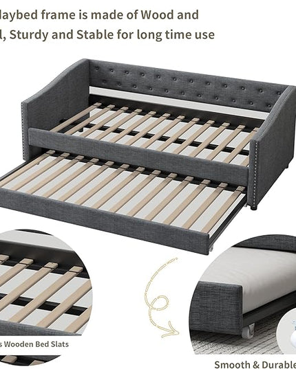 Twin Size Upholstered Daybed with Twin Size Trundle,Wood Sofa Bed Frame W/Button Tufted Back and Nailhead Decorated Waved Shape Arms,Slat Support,for Bedroom,Living Room,Apartment,Dark Gray - LeafyLoom