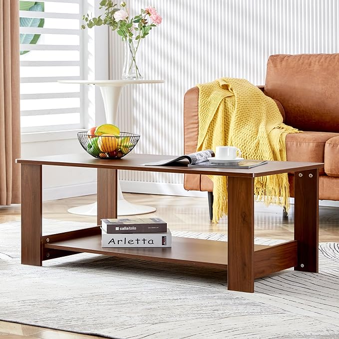 Farmhouse Wood Coffee Table - Boho Tea Table with Storage Shelf, Rectangle Center Table Wood Look Accent Table, 2-Tier Sofa Side Table Modern Rectangular Coffee Table Living Room Furniture - LeafyLoom
