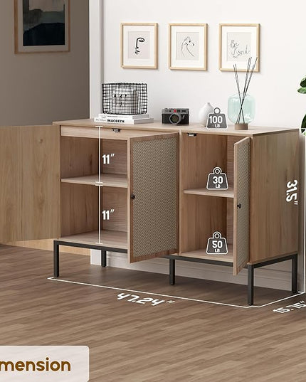 Sideboard Buffet Cabinet with Handmade Natural Decorated Doors, Buffet Cabinet Rattan Cabinet, Sideboard Cabinet with Metal Legs for Living Room, Hallway, Entryway Natural 3 Doors - LeafyLoom