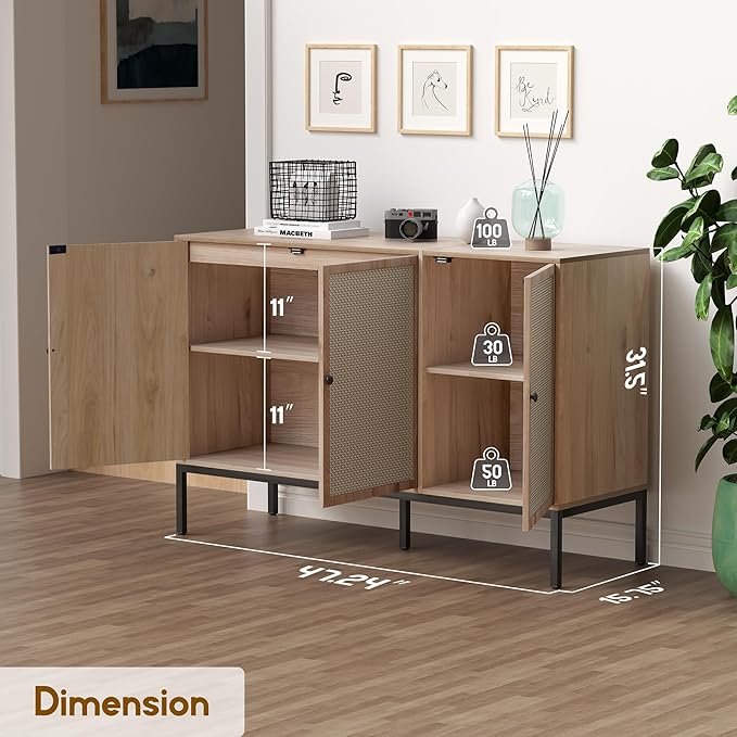 Sideboard Buffet Cabinet with Handmade Natural Decorated Doors, Buffet Cabinet Rattan Cabinet, Sideboard Cabinet with Metal Legs for Living Room, Hallway, Entryway Natural 3 Doors - LeafyLoom