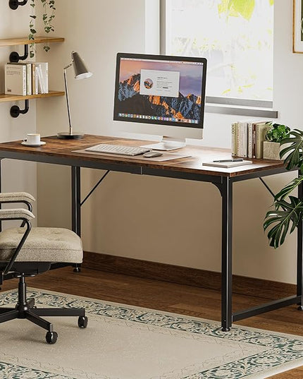 Computer Desk, 63 Inch Office Desk, Gaming Desk with Storage, Writing Desk Work Desk for Home Office, Study, Modern Simple Desk, Large Legroom, Metal Frame, Rustic Brown - LeafyLoom