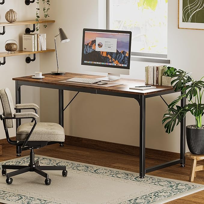 Computer Desk, 63 Inch Office Desk, Gaming Desk with Storage, Writing Desk Work Desk for Home Office, Study, Modern Simple Desk, Large Legroom, Metal Frame, Rustic Brown - LeafyLoom