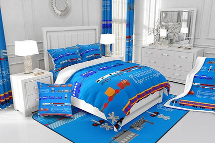 Erosebridal Train Twin Comforter Set for Boys,Cartoon Car Bedding Set for Kids Boys Girls Toddler,Vintage Car Down Comforter,Retro Steam Railway Rail Traffic Light Duvet Set Bedroom Decor,Blue 2Pcs - LeafyLoom