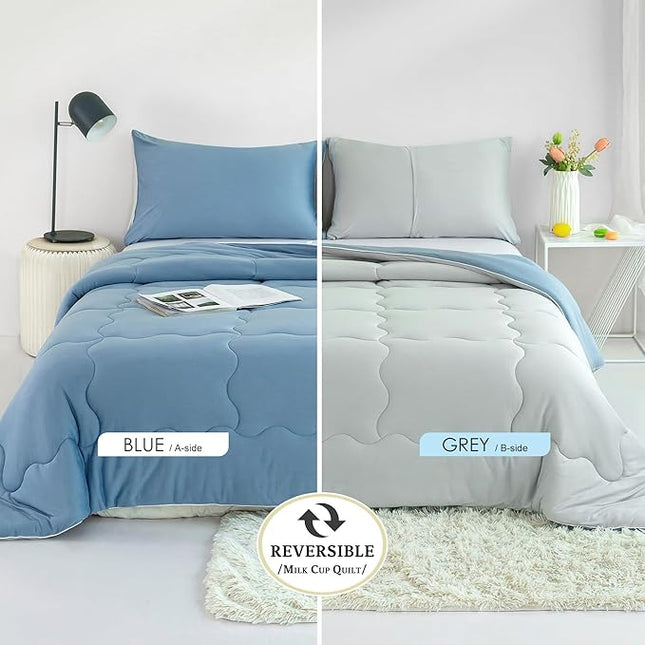 COTTEBED Reversible Light Blue and Grey Bed Comforter Twin Set, Jersey Knit T-Shirt Feel Ultra-Soft Lightweight Bedding Blanket Quilt & Pillowcase for Kid Boy Girl College Dorm All Season(Twin/TwinXL) - LeafyLoom