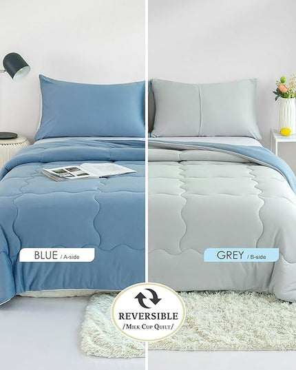 COTTEBED Reversible Blue and Light Gray Bed Comforter Queen Sets, Jersey Knit T-Shirt Feel Ultra-Soft Lightweight Breathable Cozy Bedding Down Quilt Blanket & 2 Pillowsham All Season Use (Full/Queen) - LeafyLoom