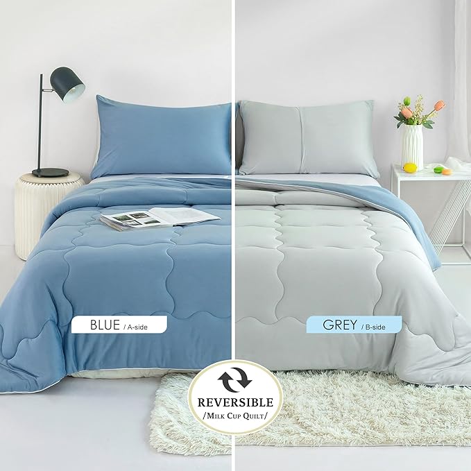 COTTEBED Reversible Blue and Light Gray Bed Comforter Queen Sets, Jersey Knit T-Shirt Feel Ultra-Soft Lightweight Breathable Cozy Bedding Down Quilt Blanket & 2 Pillowsham All Season Use (Full/Queen) - LeafyLoom
