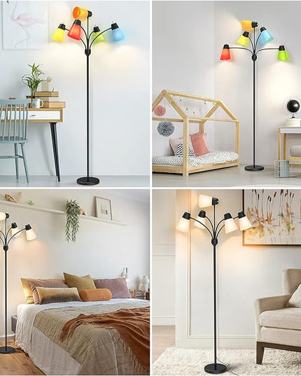 FOLKSMATE LED Floor Lamp, Medusa Multi Head Modern Tall, Rustic Adjustable Gooseneck Reading Standing Light for Living/Kids Room, Bedroom, Black - LeafyLoom