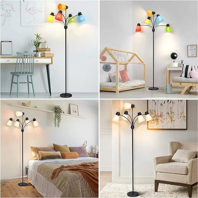 FOLKSMATE LED Floor Lamp, Medusa Multi Head Modern Tall, Rustic Adjustable Gooseneck Reading Standing Light for Living/Kids Room, Bedroom, Black - LeafyLoom