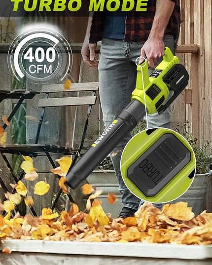 EWORK Cordless Leaf Blower with (2) 3.0Ah Battery and Fast Charger - 400CFM 21V Electric Leaf Blower Cordless, Variable Speed and Turbo Mode - Battery Powered Leaf Blowers for Lawn Care, Yard - LeafyLoom