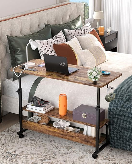 39" Height Adjustable Standing Desk with Power Outlets - Manual Rolling Stand Up Desk with Wheels Small Portable Computer Desk Mobile Laptop Table with Storage Shelves for Home Office, Rustic - LeafyLoom