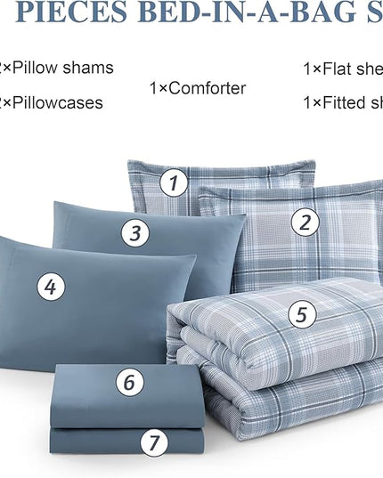 Light Blue Bedding Sets Full, Plaid Full Size Comforter Sets for Boys & Girls,Classic Homestead-style Comforter Full Size with Full Size Bed Sheets and Comforter Set - LeafyLoom