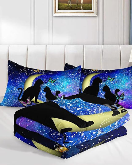 Black Cat Bedding Cartoon Cat Comforter Set Queen,Butterflies Moon Printed Kids Bedding Set for Kids Boys Girls Adults Teens,Kids Comforter Set All Season,1 Quilt 2 Pillow Cases,Blue - LeafyLoom